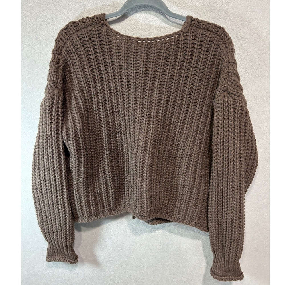 Chunky Waffle knit Boxy Cardigan Women L Brown Button Front Gold Buttons Pockets - Picture 2 of 6